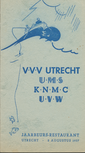 712258 Voorzijde van een uitvouwbare menukaart van een gezamenlijk diner van de organisaties V.V.V. Utrecht, U.M.S., ...